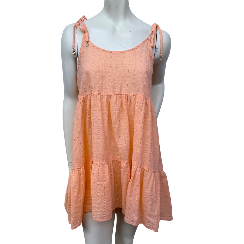 Aerie Peach Orange Tiered Baby Doll Mini Dress Gold Pinstripe Boho Beach Medium‎